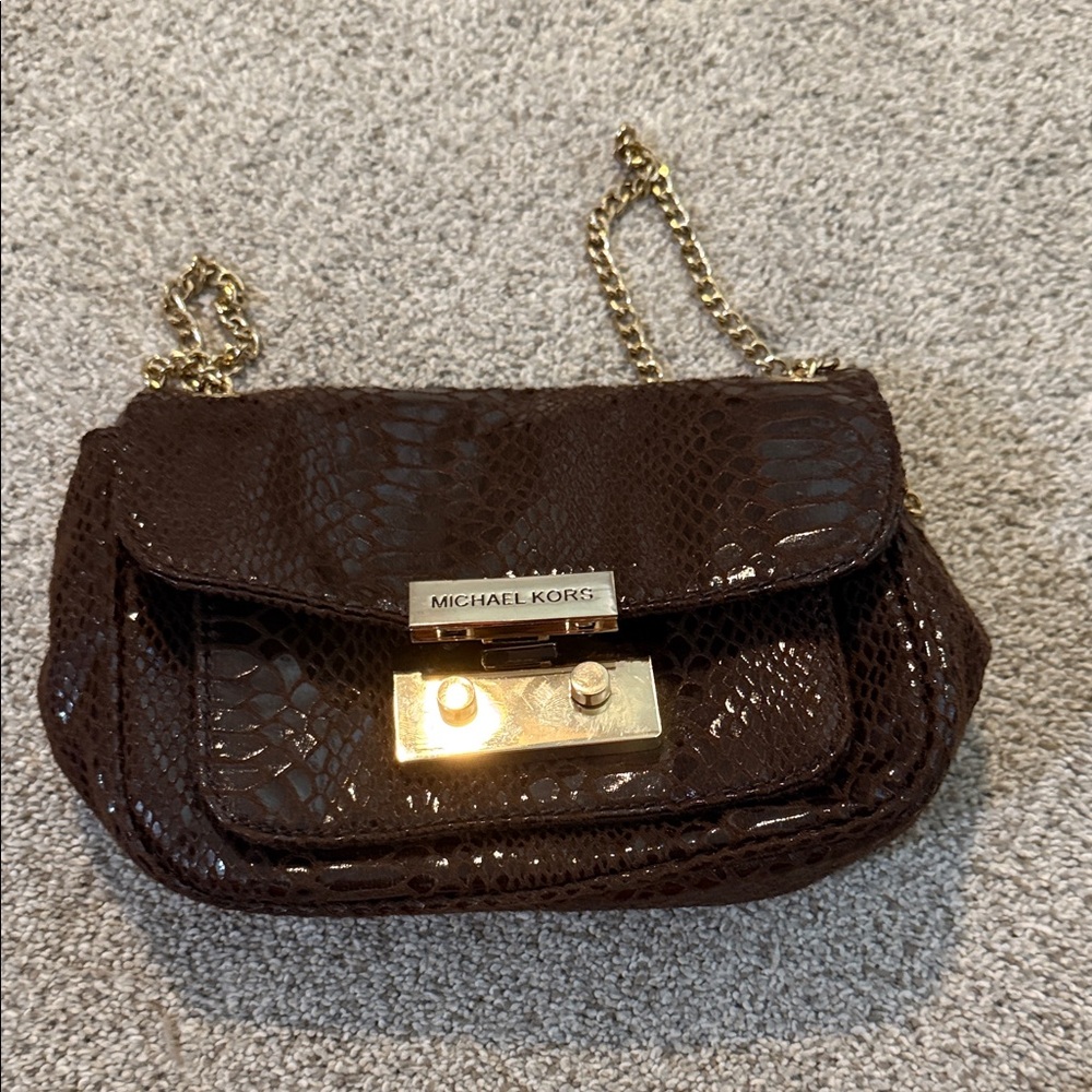 Michael Kors Dark Brown Crossbody Bag with Gold Chain
